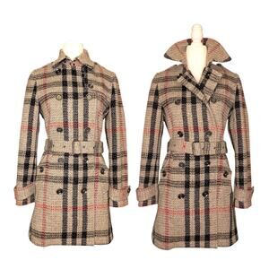 Burberry Brit Nova Check Plaid Double Breasted Wool Trench Coat Tan Navy 6 | S